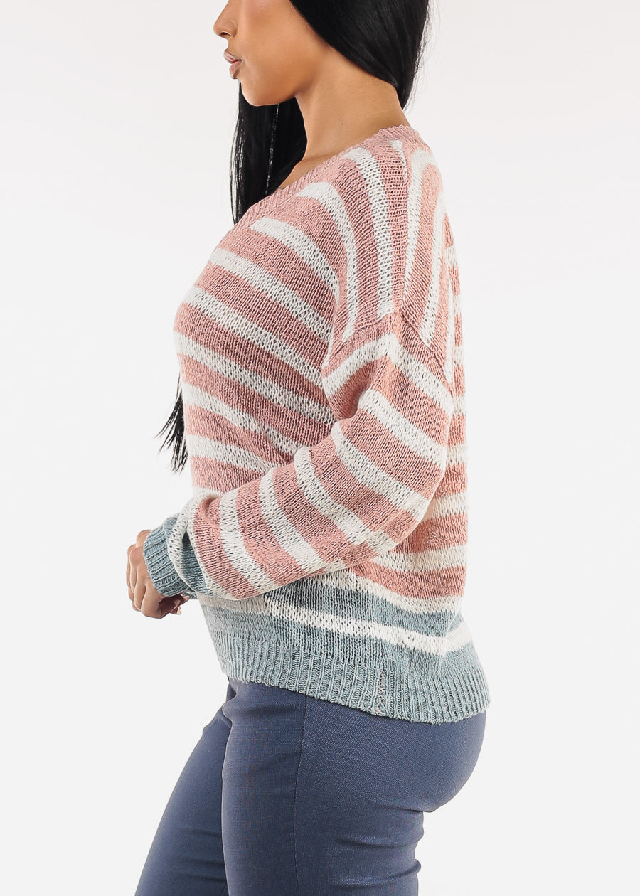 Long Sleeve Vneck Stripe Sweater Pink