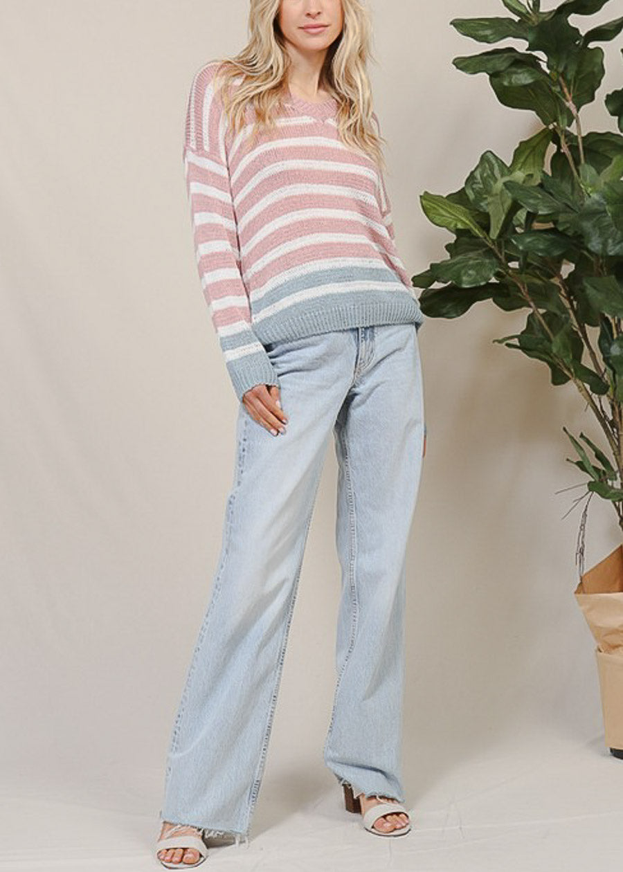 Long Sleeve Vneck Stripe Sweater Pink