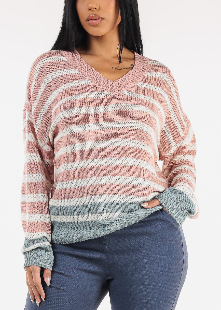 Long Sleeve Vneck Stripe Sweater Pink