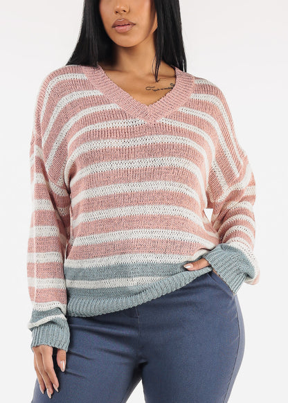 Long Sleeve Vneck Stripe Sweater Pink