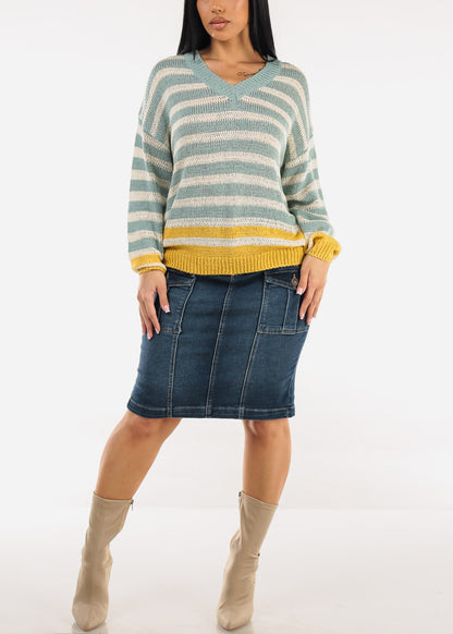 Long Sleeve Vneck Stripe Sweater Mint & Yellow