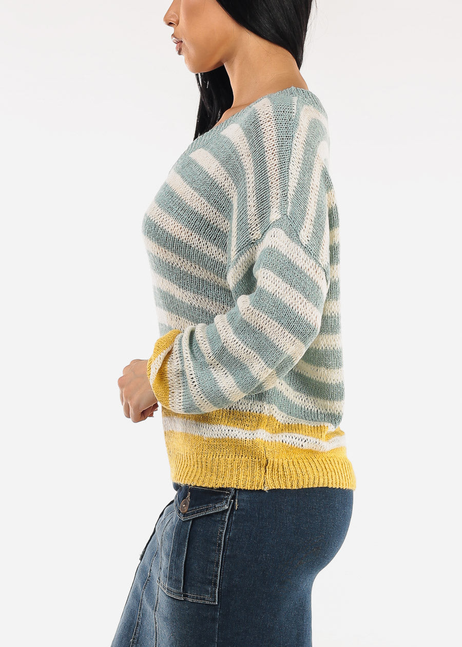 Long Sleeve Vneck Stripe Sweater Mint & Yellow