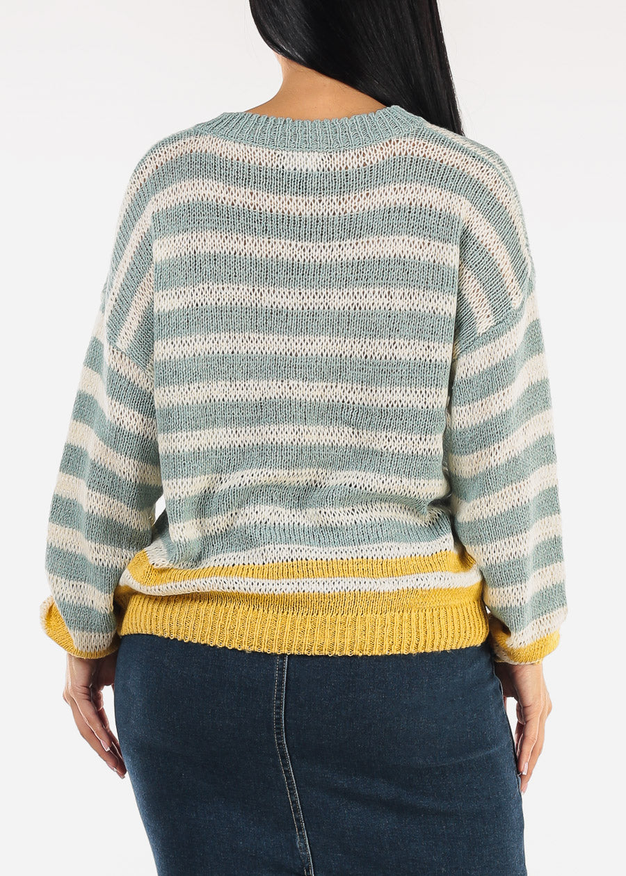 Long Sleeve Vneck Stripe Sweater Mint & Yellow