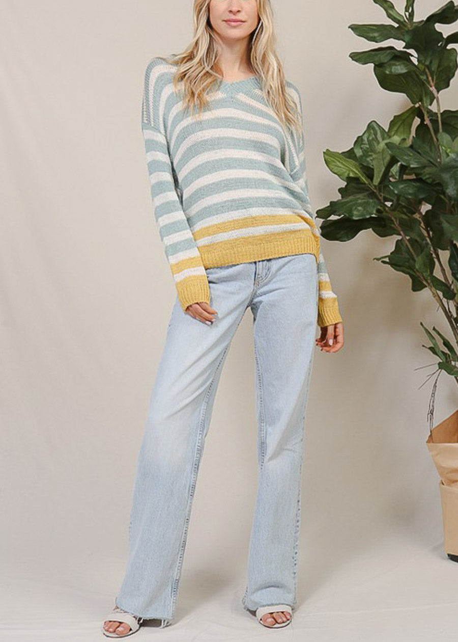 Long Sleeve Vneck Stripe Sweater Mint & Yellow