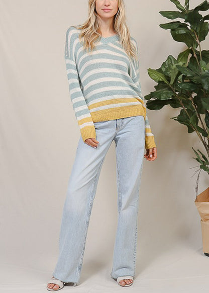 Long Sleeve Vneck Stripe Sweater Mint & Yellow
