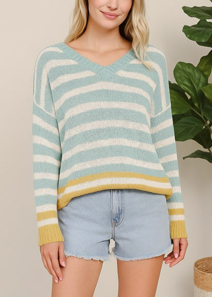 Long Sleeve Vneck Stripe Sweater Mint & Yellow