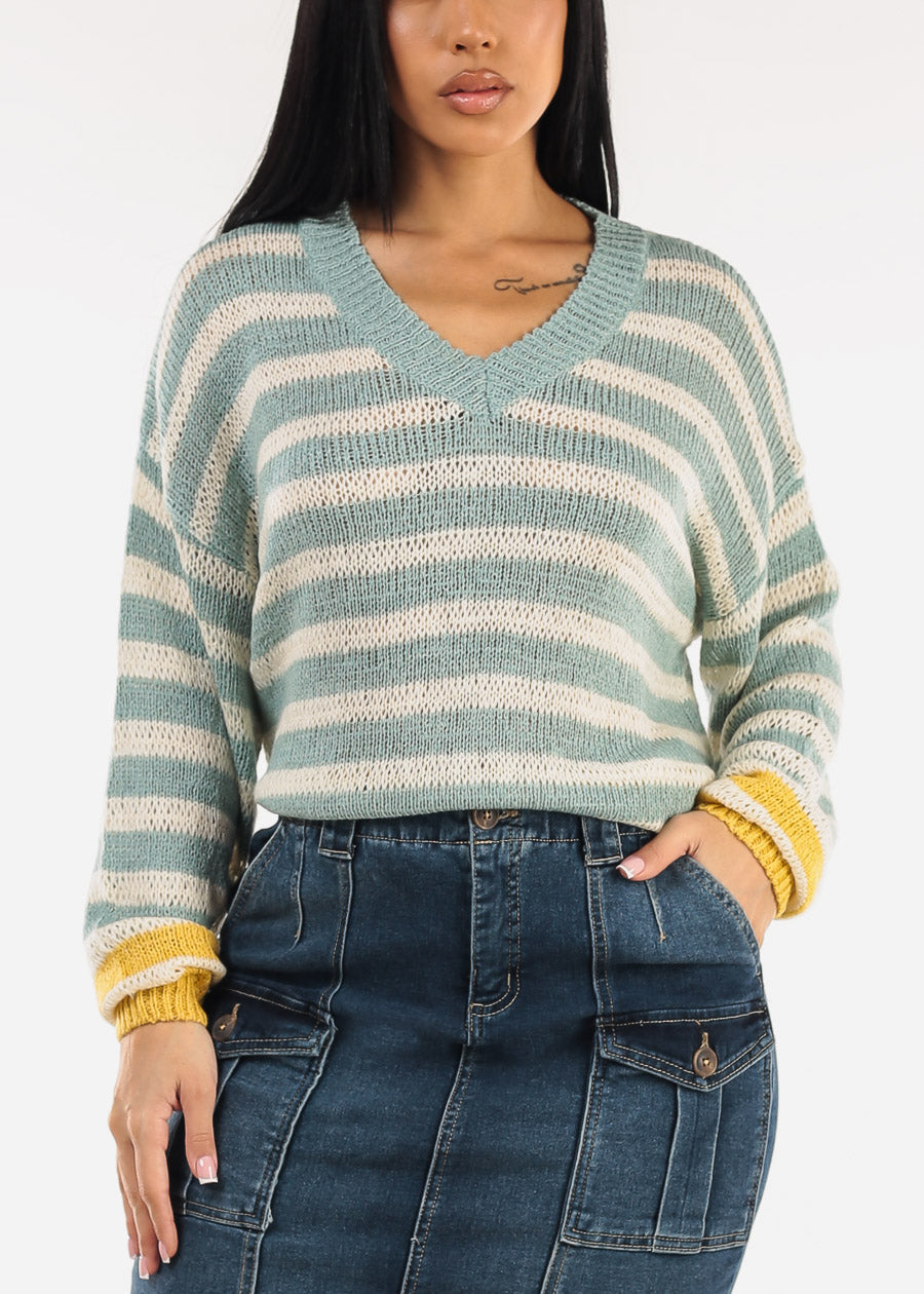 Long Sleeve Vneck Stripe Sweater Mint & Yellow