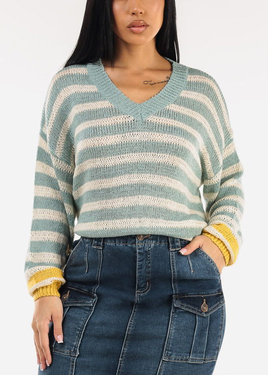 Long Sleeve Vneck Stripe Sweater Mint & Yellow