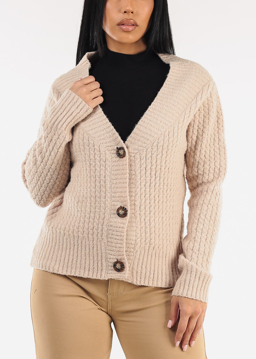 Long Sleeve Button Up Knitted Sweater Beige