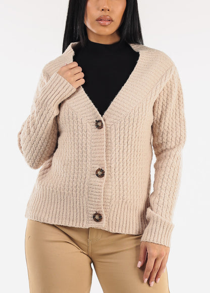 Long Sleeve Button Up Knitted Sweater Beige