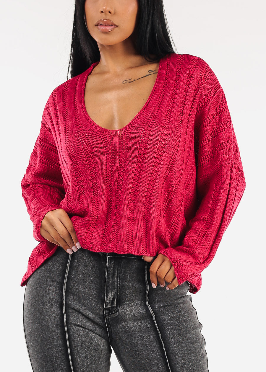 Long Sleeve Scoop Neck Knit Sweater Magenta
