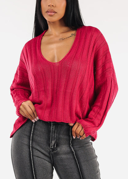 Long Sleeve Scoop Neck Knit Sweater Magenta