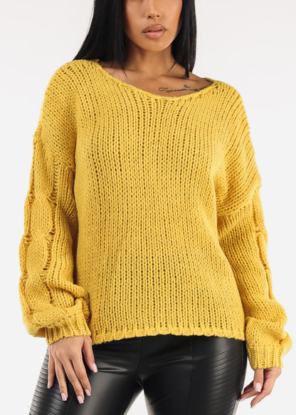 Long Sleeve Cable Knit Sweater Mustard