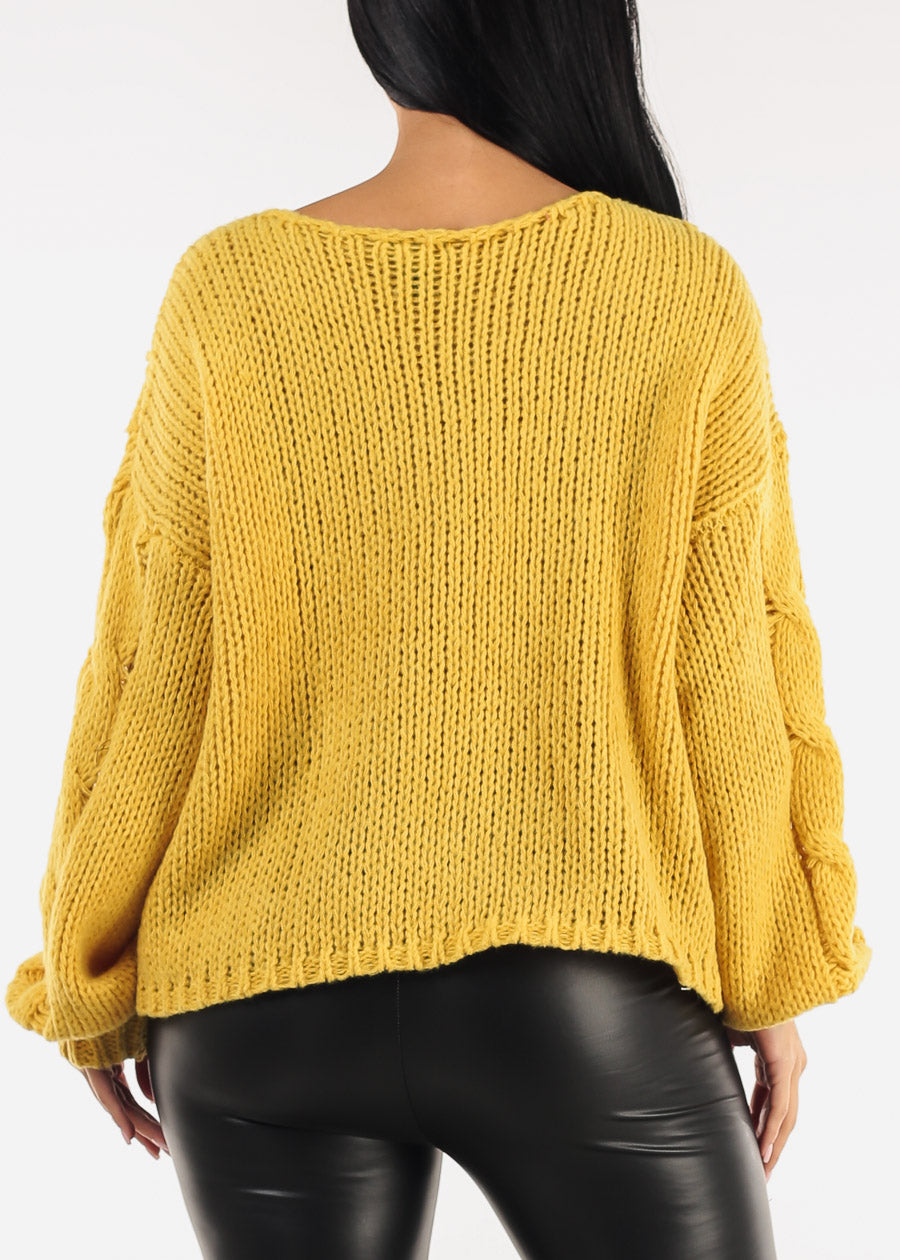 Long Sleeve Cable Knit Sweater Mustard