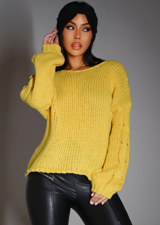 Long Sleeve Cable Knit Sweater Mustard