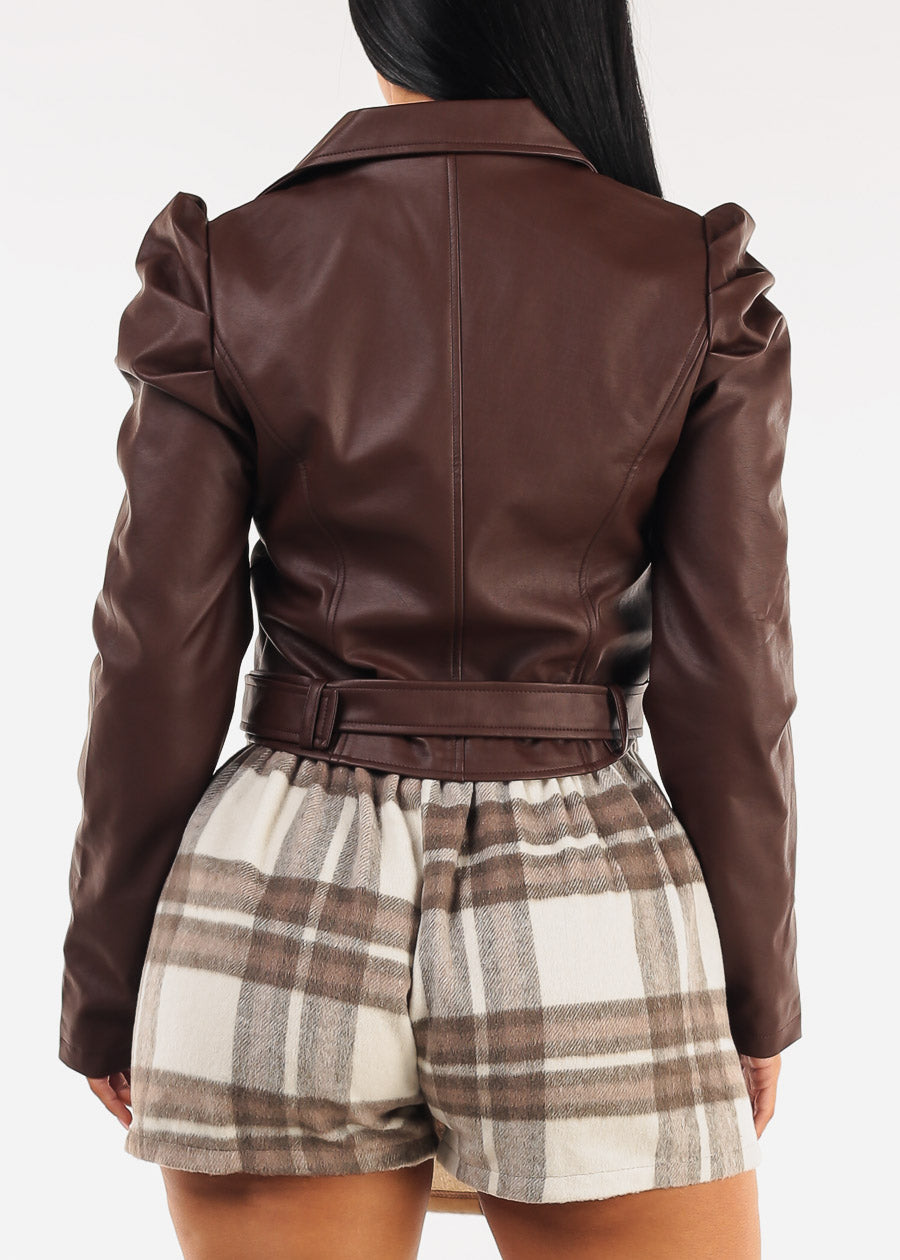 Vegan Leather Puff Sleeve Zip Up Jacket Brown, view 4 of 6