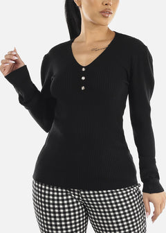 Black Rib Knit Long Sleeve V-Neck Sweater