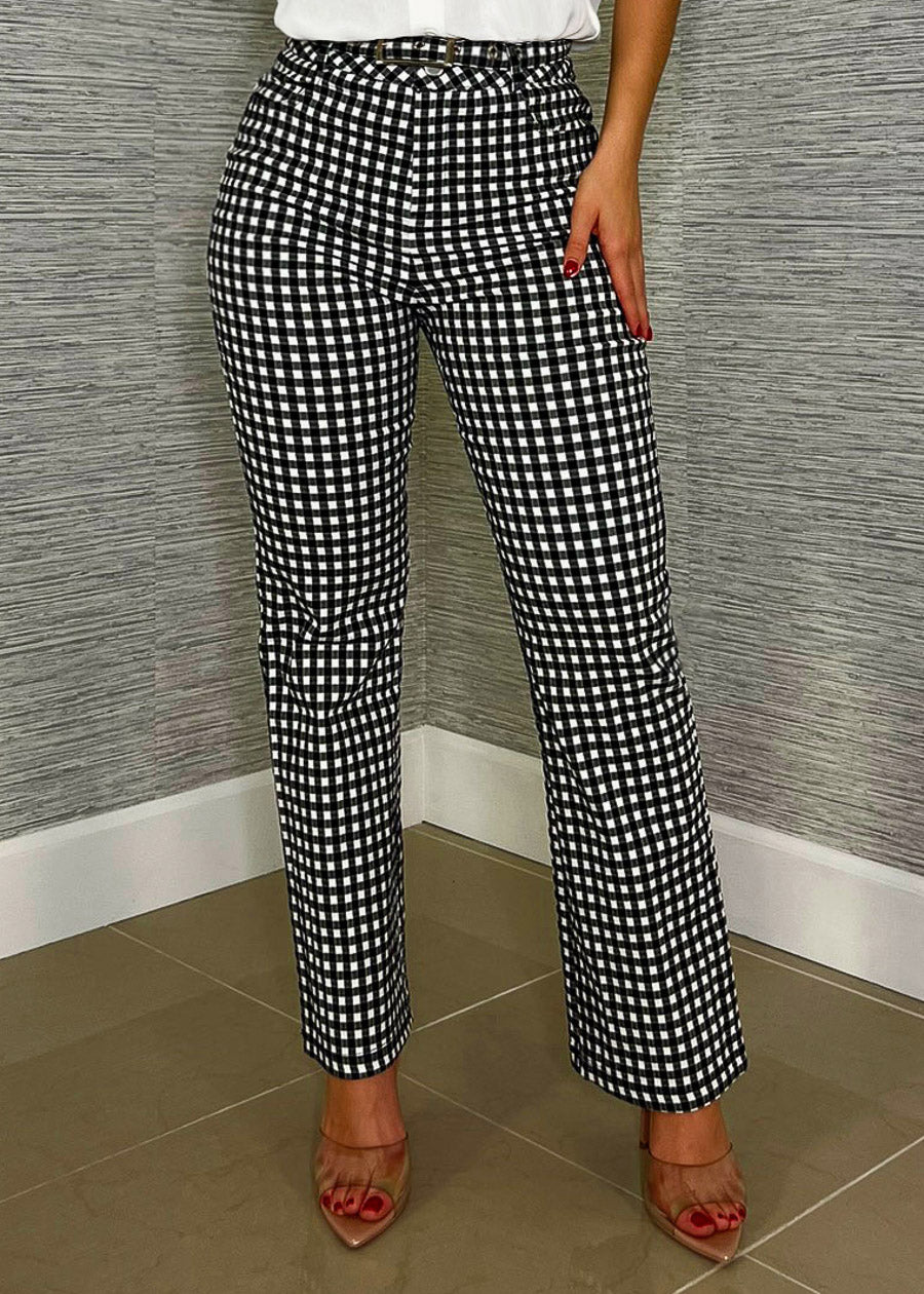 High Waisted Plaid Flared Pants with Belt