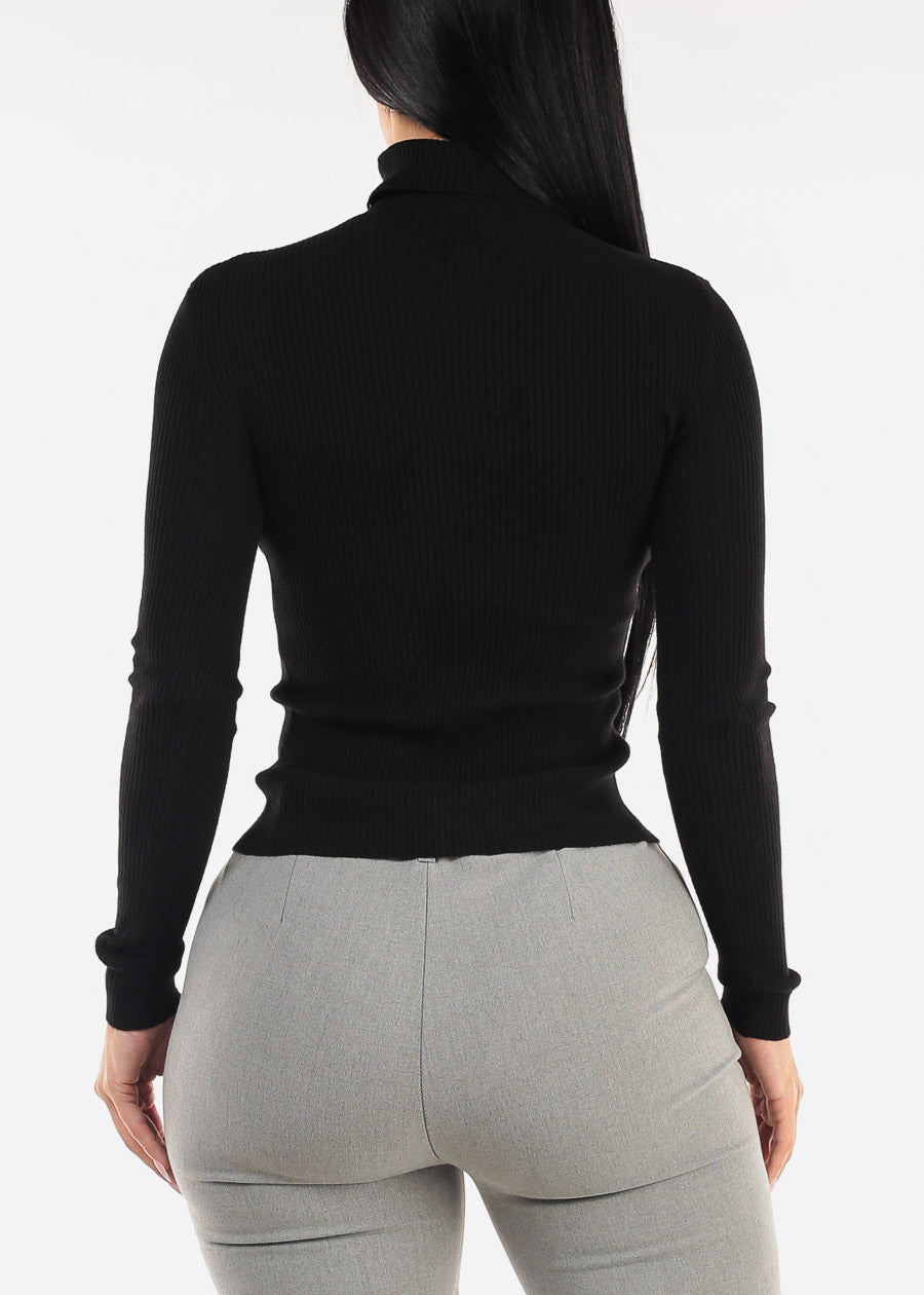 Long Sleeve Turtleneck Ribbed Sweater Black