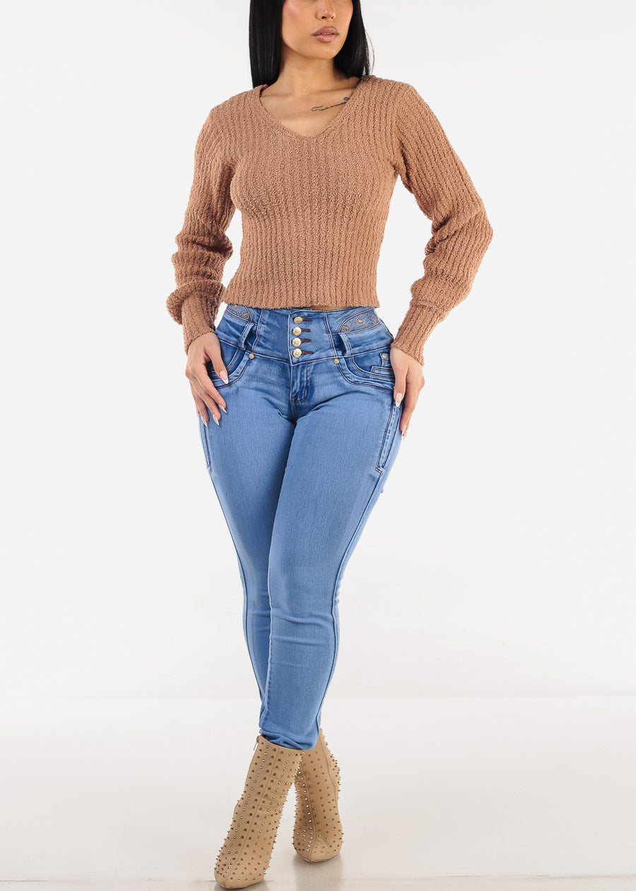 Long Sleeve Vneck Plush Sweater Camel