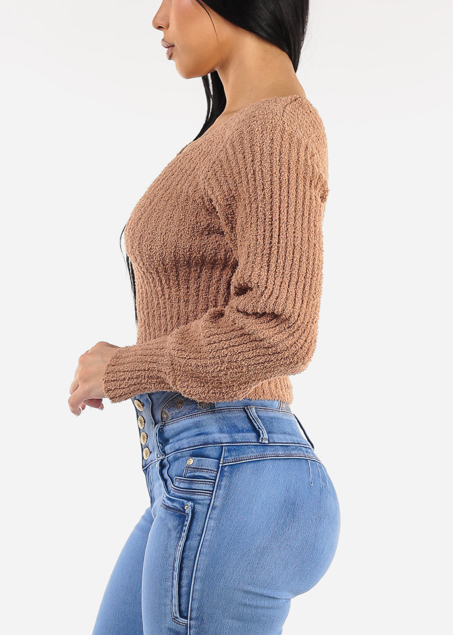 Long Sleeve Vneck Plush Sweater Camel