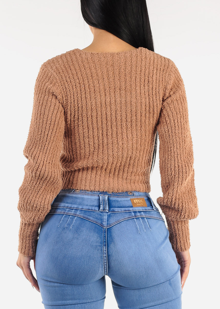 Long Sleeve Vneck Plush Sweater Camel