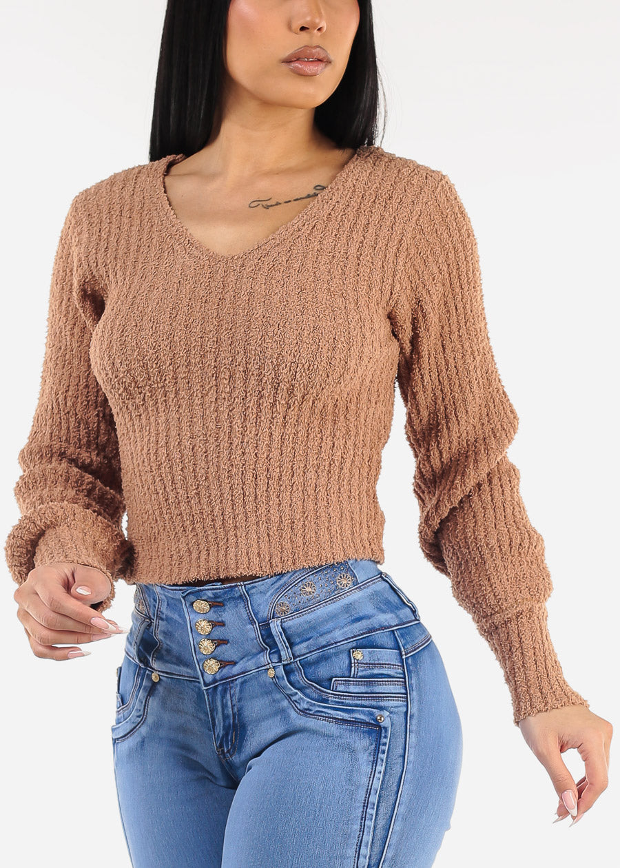 Long Sleeve Vneck Plush Sweater Camel