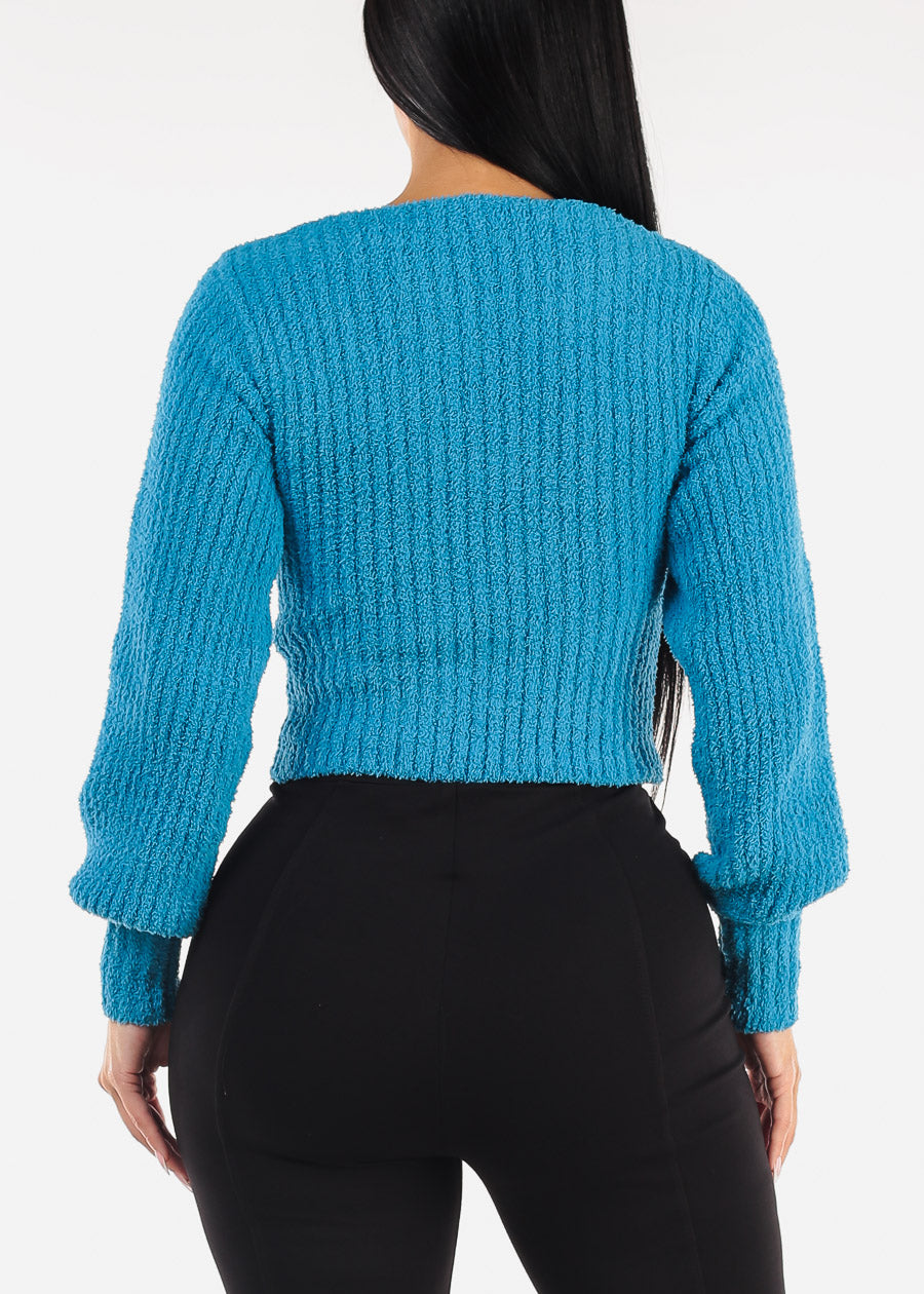 Long Sleeve Vneck Plush Sweater Turquoise