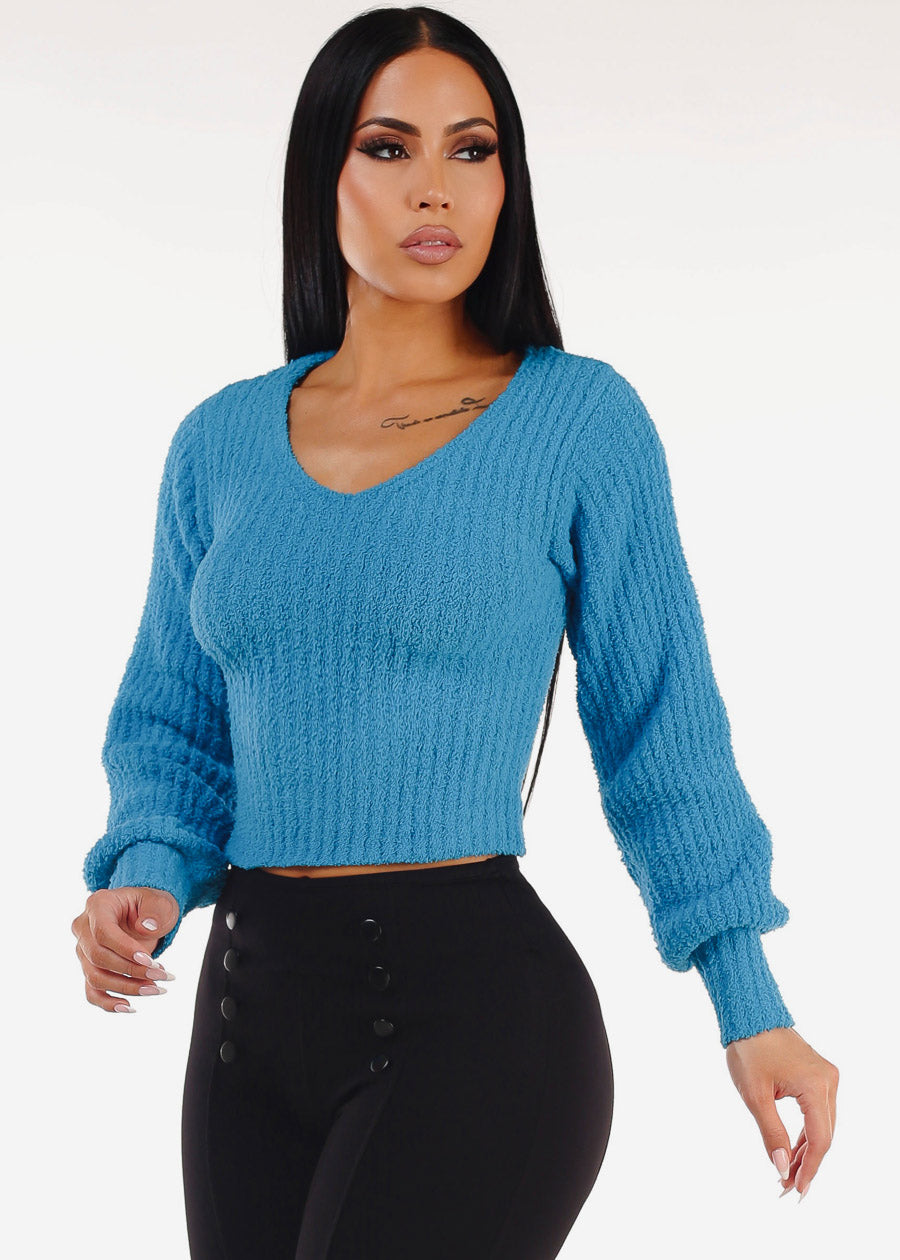 Long Sleeve Vneck Plush Sweater Turquoise