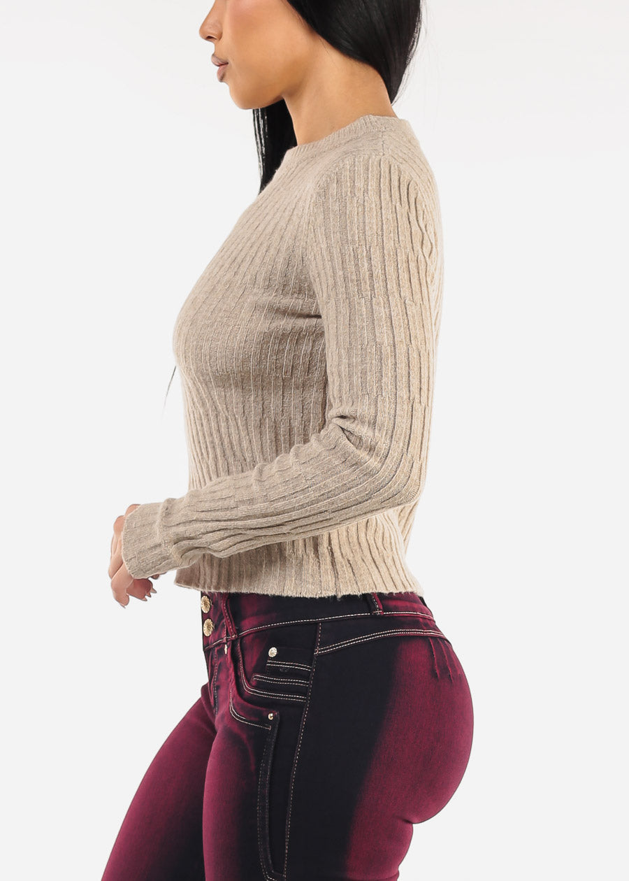 Long Sleeve Crewneck Ribbed Sweater Khaki