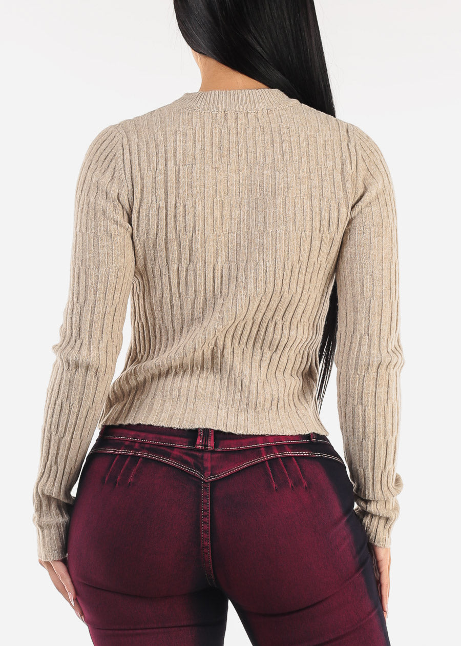 Long Sleeve Crewneck Ribbed Sweater Khaki