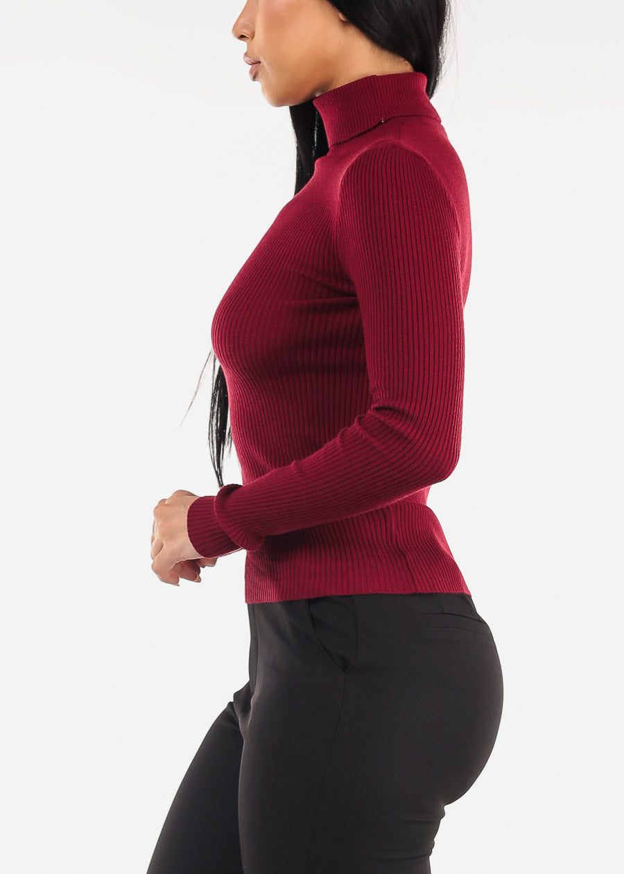 Long Sleeve Turtleneck Ribbed Sweater Burgundy