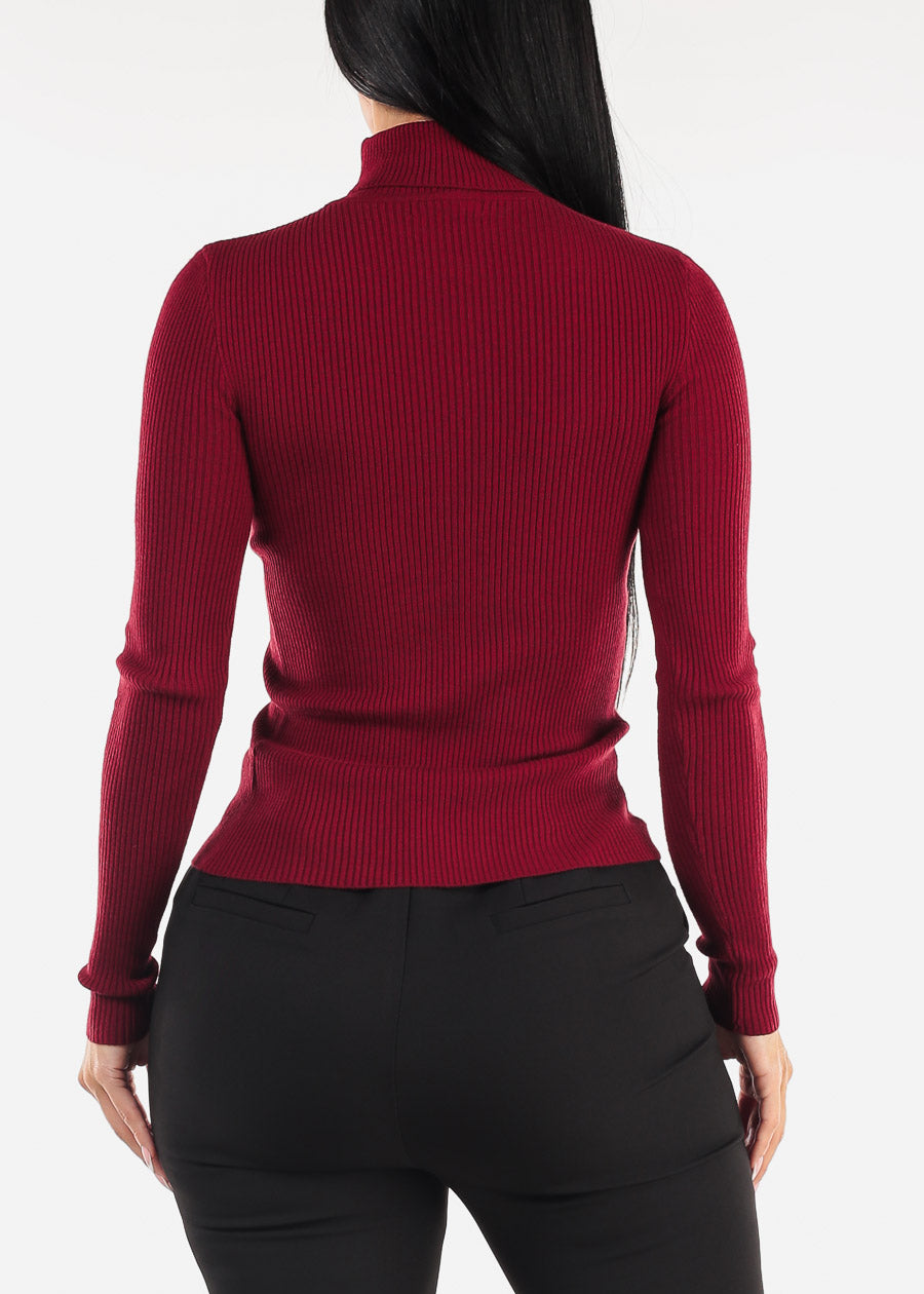 Long Sleeve Turtleneck Ribbed Sweater Burgundy