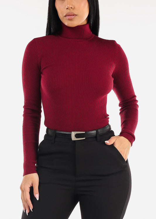 Long Sleeve Turtleneck Ribbed Sweater Burgundy