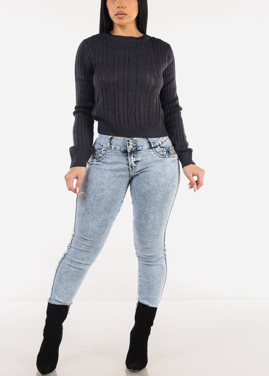 Long Sleeve Crewneck Cable Knit Sweater Navy