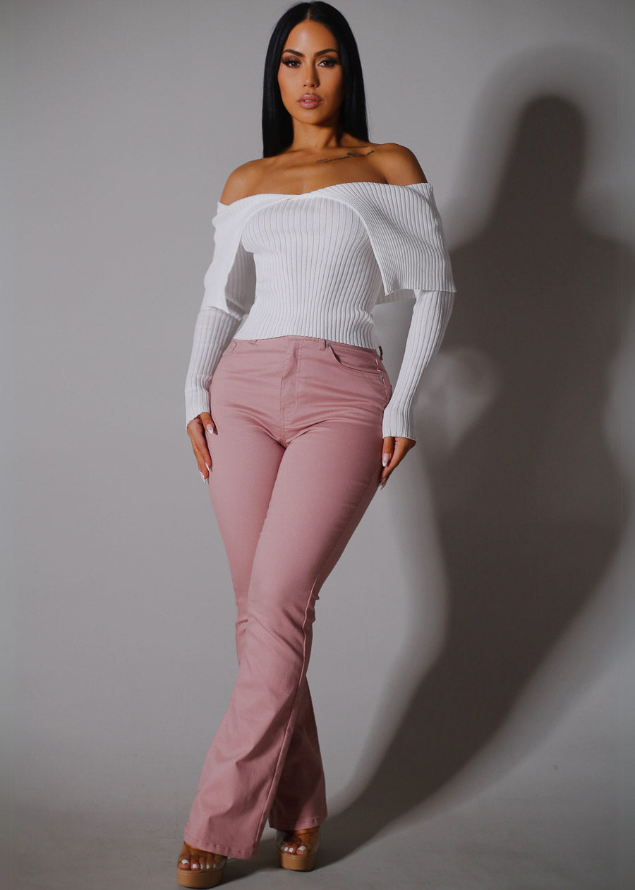 White Off Shoulder Ribbed Sweater Top