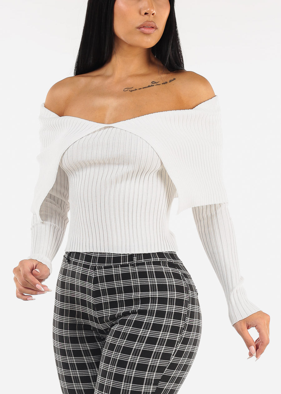 White Off Shoulder Ribbed Sweater Top