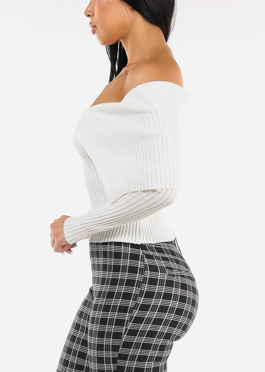 White Off Shoulder Ribbed Sweater Top