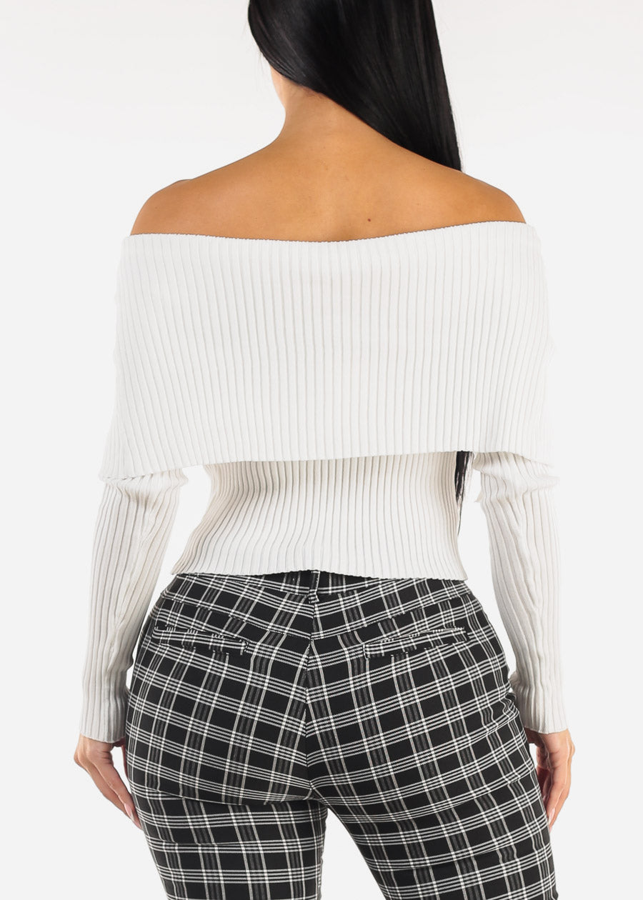 White Off Shoulder Ribbed Sweater Top