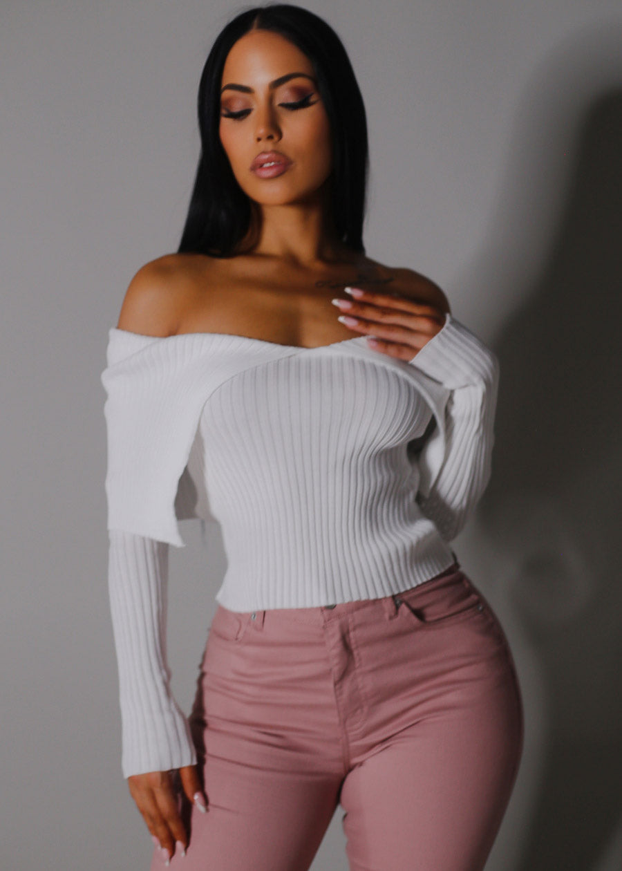 White Off Shoulder Ribbed Sweater Top