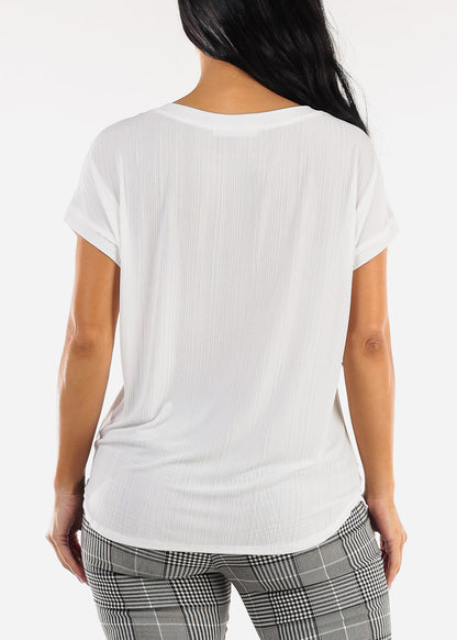Short Sleeve Round Neckline Stretchy Blouse White