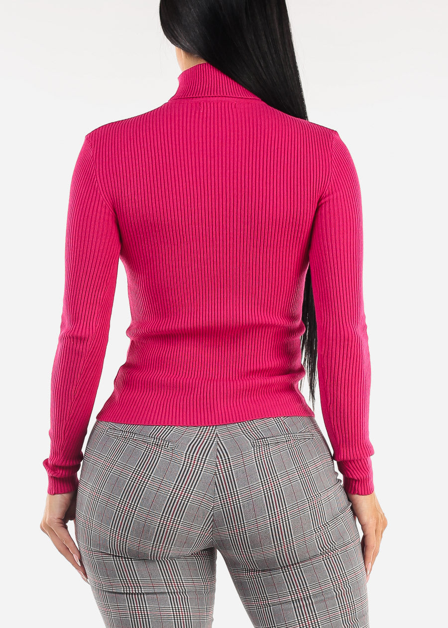 Long Sleeve Turtleneck Ribbed Sweater Magenta