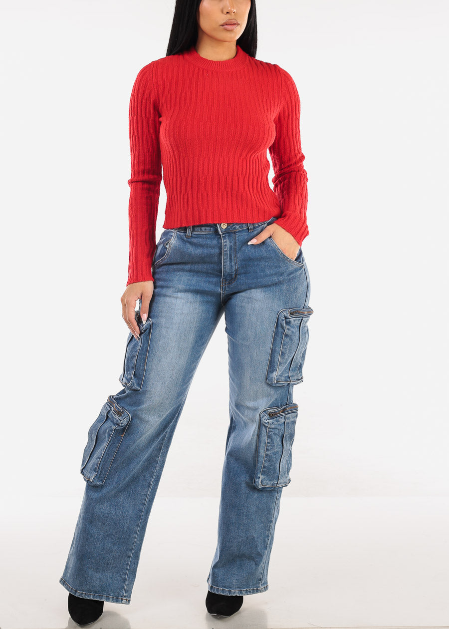 Long Sleeve Crewneck Rib Knit Sweater Red