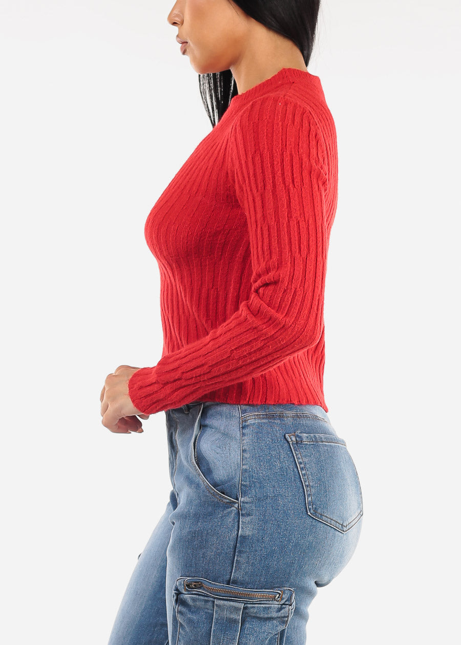 Long Sleeve Crewneck Rib Knit Sweater Red