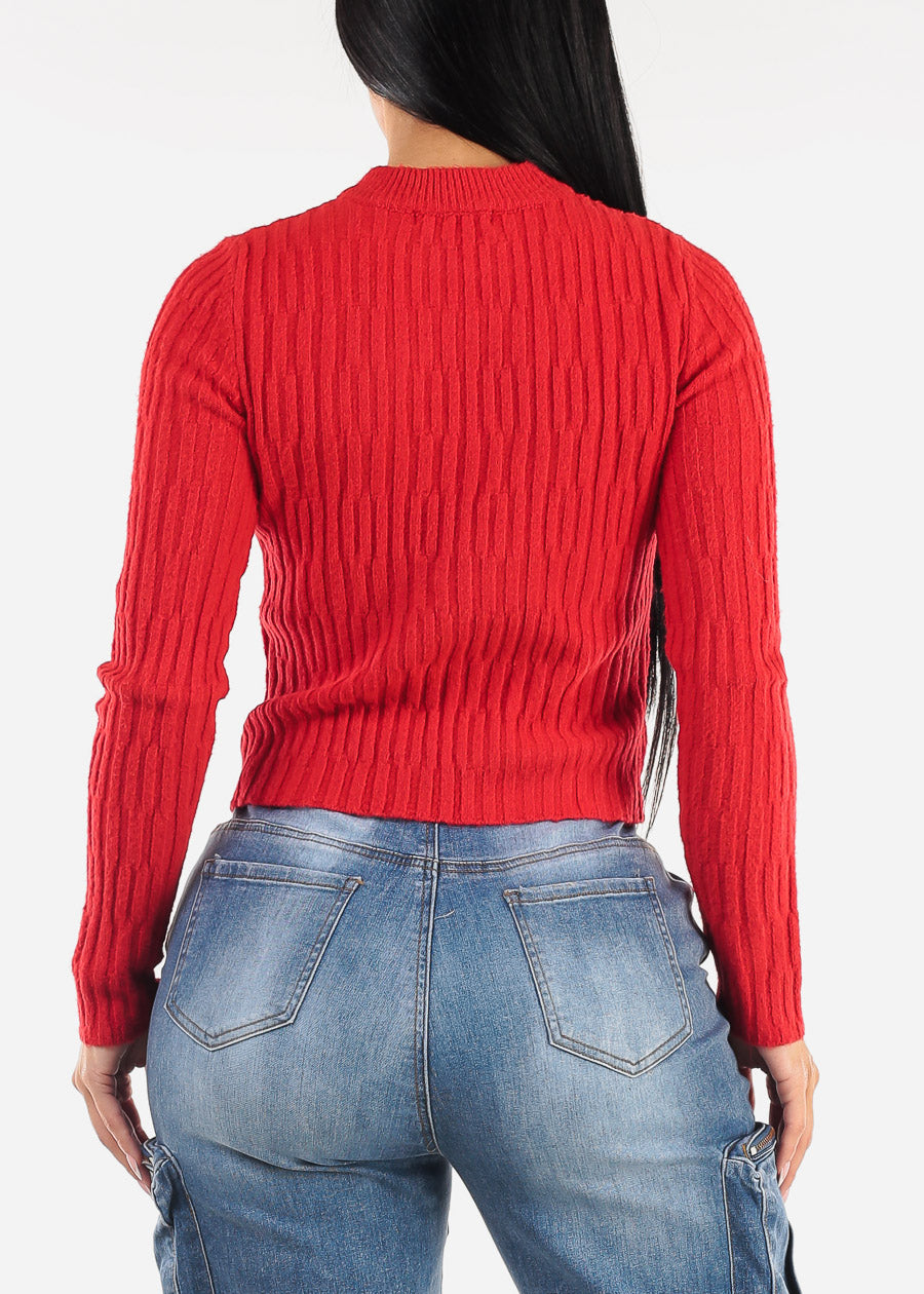 Long Sleeve Crewneck Rib Knit Sweater Red