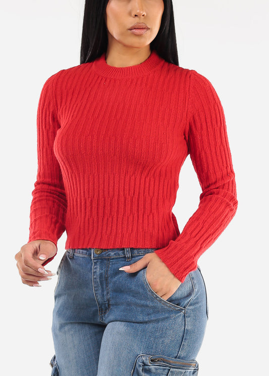 Long Sleeve Crewneck Rib Knit Sweater Red