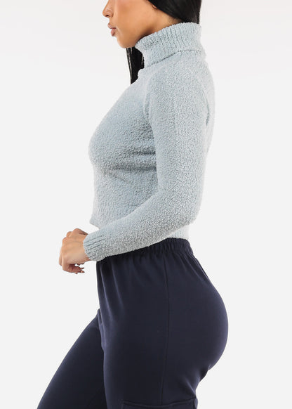 Long Sleeve Turtleneck Plush Sweater Light Blue