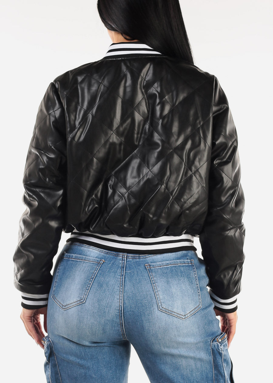 Quilted Vegan Leather Bomber Jacket Black