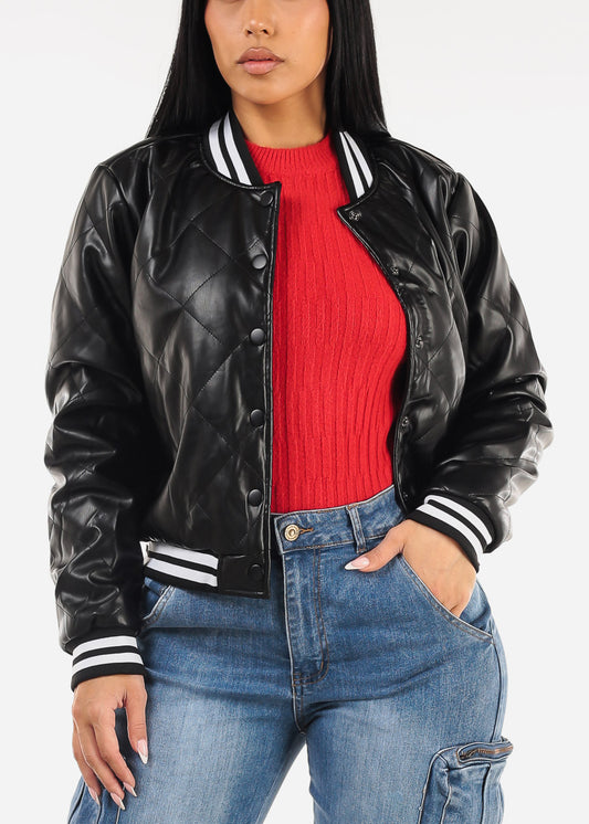 Quilted Vegan Leather Bomber Jacket Black