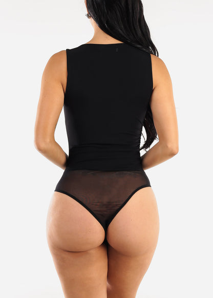 Sleeveless Boat Neckline Mesh Thong Bodysuit Black
